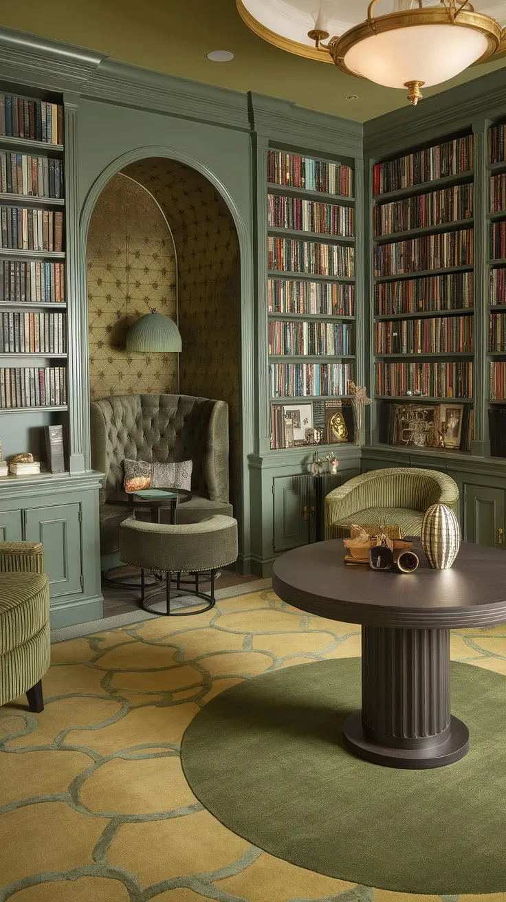 Escape to this enchanting green and gold library sitting room, a haven of cozy library decor and Tolkien-inspired design.  The perfect family reading room, complete with a cozy reading corner and inspiring reading nook ideas, this small home library showcases the magic of book-themed decor and thoughtful home library design.
