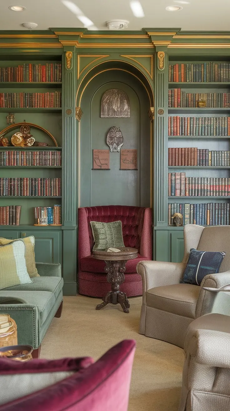 Imagine curling up in this cozy reading corner of a green and gold library.  This home library design boasts book-themed decor, a delightful reading nook, and plenty of space for family reading time.  The Tolkien-inspired elements add a touch of magic to this small home library, creating the ultimate library sitting room.