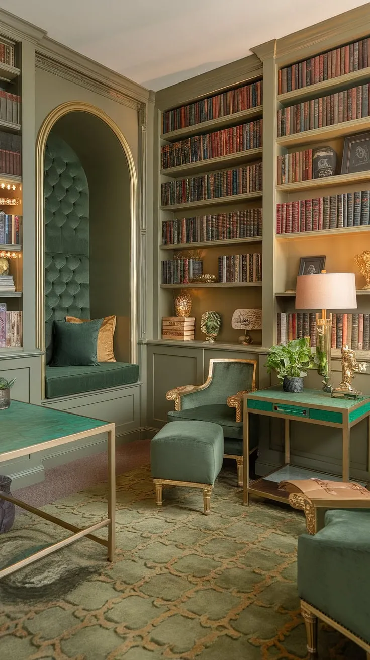 Imagine curling up in this cozy reading corner of a green and gold library.  This small home library, designed with a family reading room in mind, boasts a charming blend of book-themed decor and Tolkien-inspired elements.  The reading nook ideas, combined with the luxurious green and gold color scheme, create the perfect atmosphere for quiet contemplation.  A true masterpiece of cozy library decor and home library design.