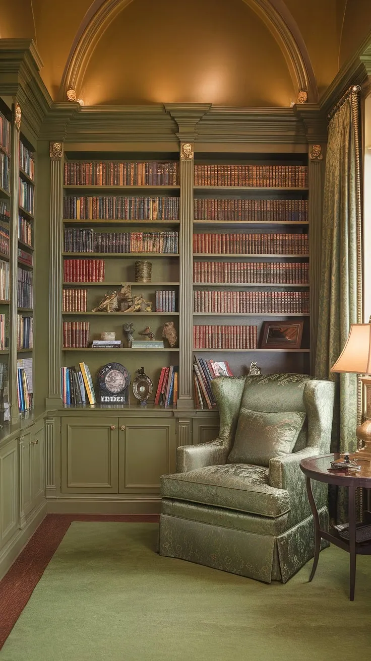 Escape to this enchanting green and gold library sitting room, a haven of cozy library decor perfect for quiet contemplation.  The home library design, brimming with Tolkien-inspired decor and book-themed decor, creates the ultimate reading nook ideas for family reading time.  Even a small home library can feel grand.