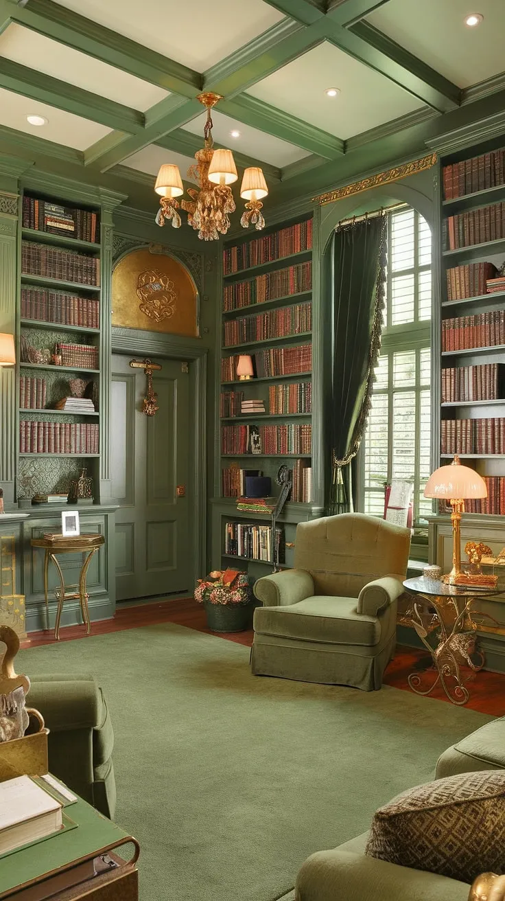 Imagine curling up in this cozy reading corner of a green and gold library.  This library sitting room, with its Tolkien-inspired decor and book-themed decor, offers the perfect blend of cozy library decor and functional family reading room.  The small home library design showcases clever reading nook ideas within a charming and inviting space.