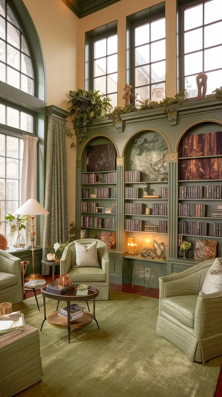 Step into a world of wonder in this cozy reading corner.  This green and gold library, designed as a family reading room, offers a delightful blend of cozy library decor and Tolkien-inspired details.  Discover inspiring reading nook ideas within this small home library, a testament to thoughtful home library design and book-themed decor.