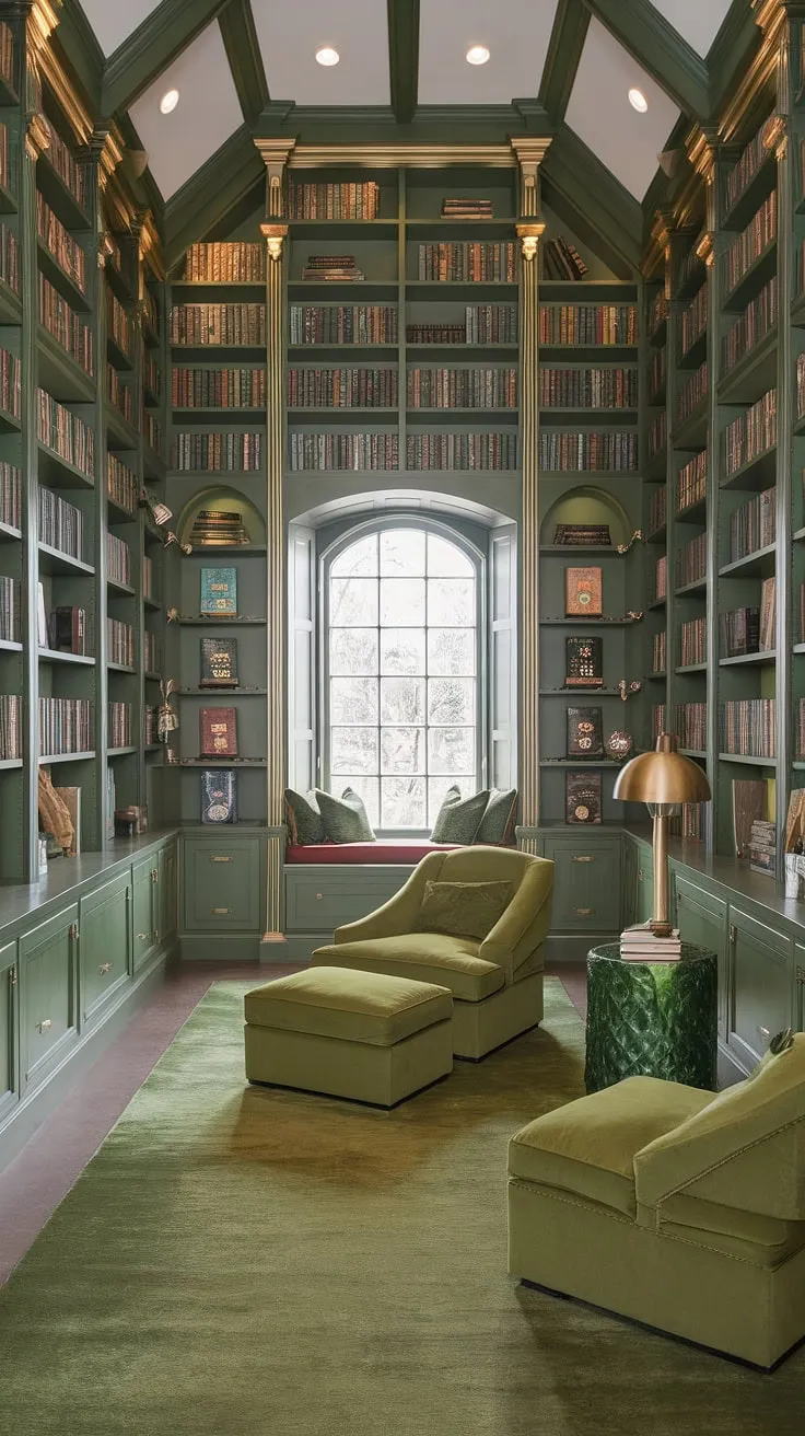 Imagine curling up in this cozy reading corner of a green and gold library, surrounded by the magic of Tolkien-inspired decor. This library sitting room, a testament to clever home library design, offers a perfect blend of cozy library decor and functional family reading room.  The reading nook ideas are endless in this small home library, filled with book-themed decor and a captivating atmosphere.
