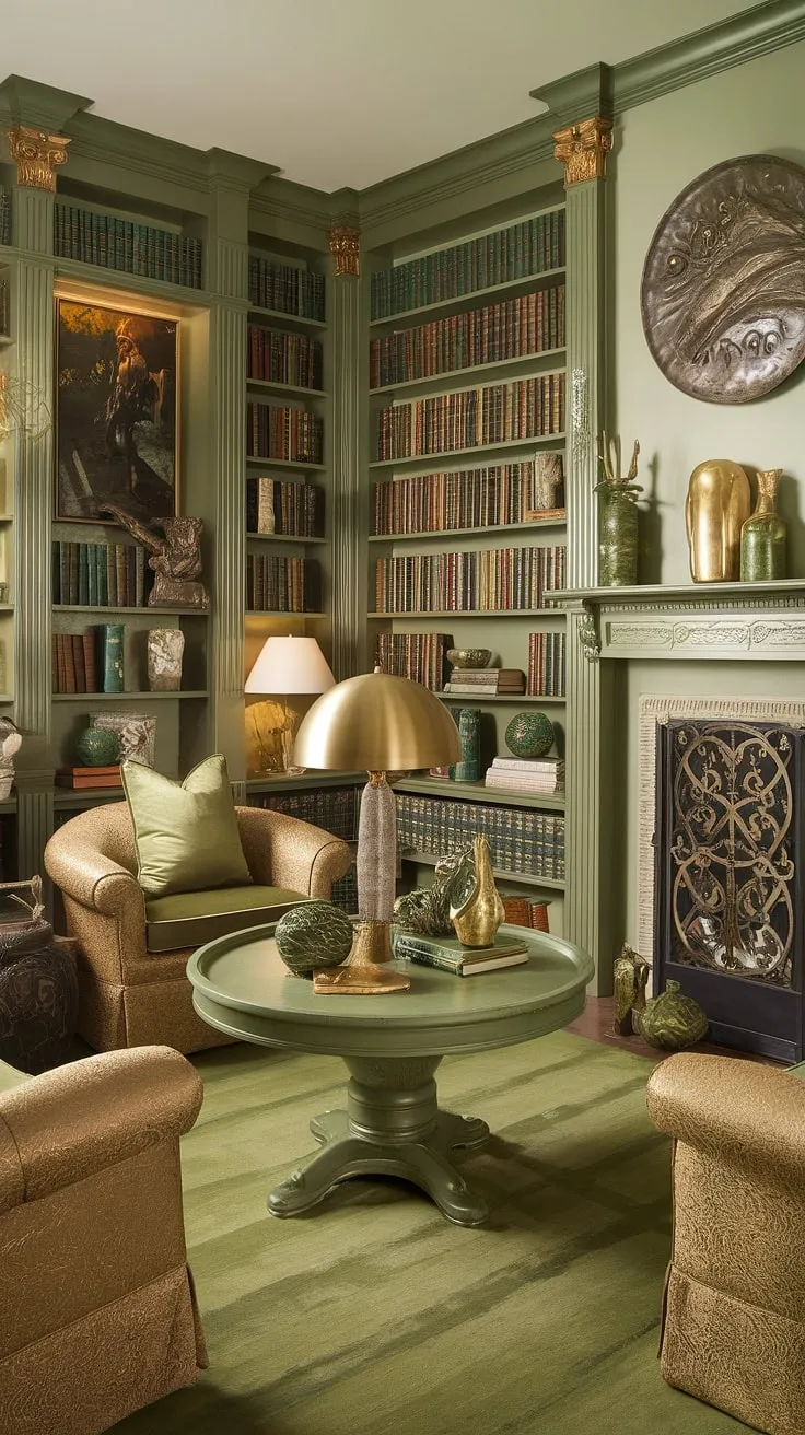 Escape to this enchanting green and gold library sitting room, a haven of cozy library decor perfect for quiet contemplation.  The Tolkien-inspired decor, complete with book-themed decor and a comfortable reading nook, makes this small home library the ideal family reading room and a source of endless reading nook ideas.  The home library design effortlessly blends comfort and style.