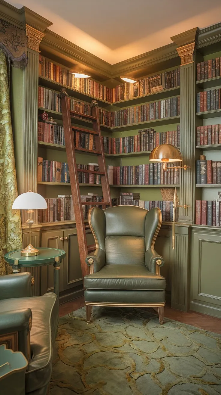 Imagine curling up in this cozy reading corner, surrounded by the comforting glow of a gold lamp and the captivating stories held within this green and gold library.  This book-themed decor, featuring Tolkien-inspired elements, transforms a small home library into a magnificent family reading room, showcasing inspiring reading nook ideas and a truly unique home library design.