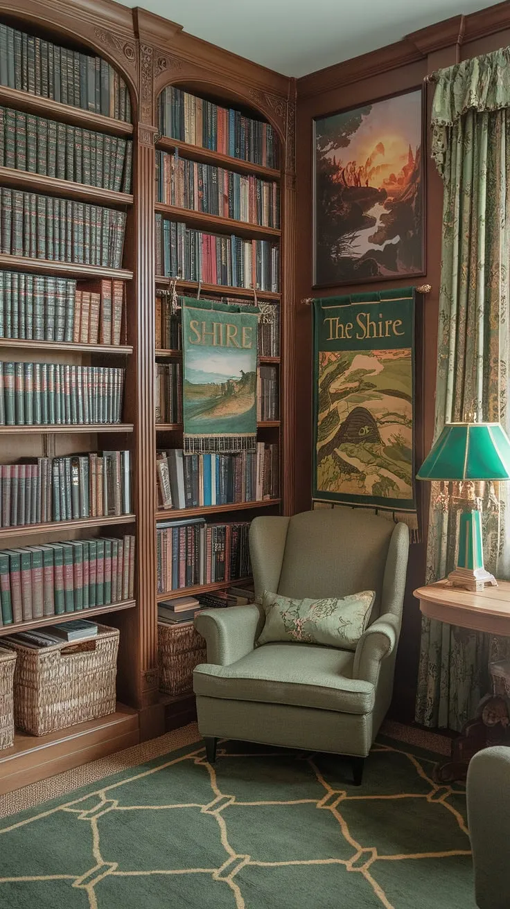 Escape to Middle-earth in this cozy library sitting room.  The Tolkien-inspired decor, complete with a green and gold theme, creates the perfect atmosphere for a family reading room.  This small home library, showcasing clever home library design and book-themed decor, offers a charming reading nook and inspiring reading corner ideas.