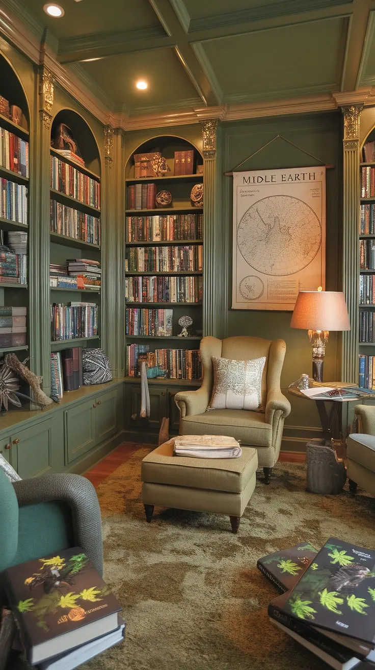 Imagine curling up in this cozy reading corner, surrounded by the magic of a Tolkien-inspired home library design. This green and gold library, a perfect example of cozy library decor, boasts a charming family reading room feel.  With its thoughtful book-themed decor and clever use of space, this small home library offers abundant reading nook ideas for the ultimate escape.