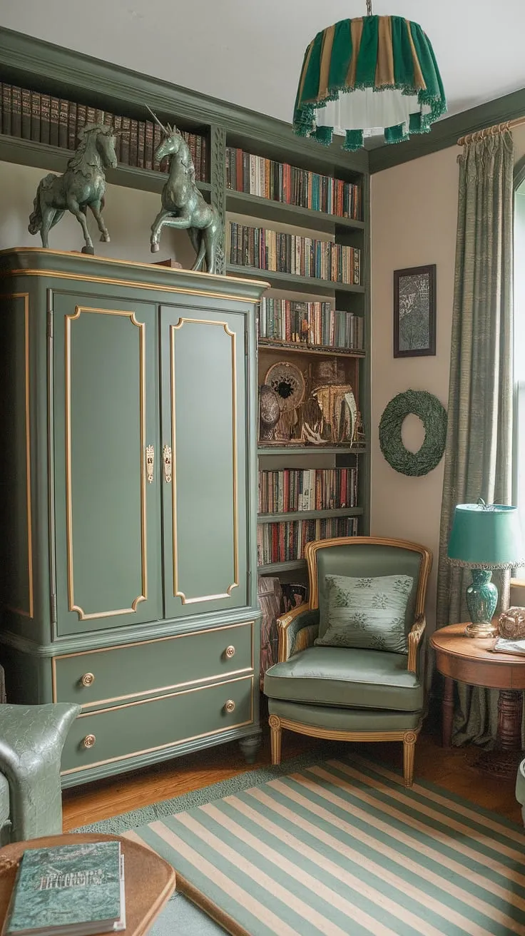 Step into a world of fantasy in this cozy reading corner.  This green and gold library, boasting Tolkien-inspired decor, is the ultimate family reading room.  The thoughtfully curated book-themed decor and clever home library design create a cozy library decor that's perfect for quiet reading or shared adventures.  Discover inspiring reading nook ideas within this small home library.