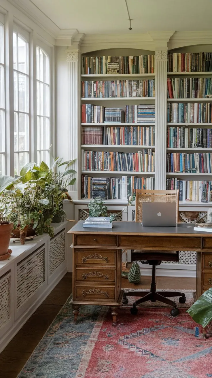 Sun-drenched pages and quiet productivity: my library sunroom office.