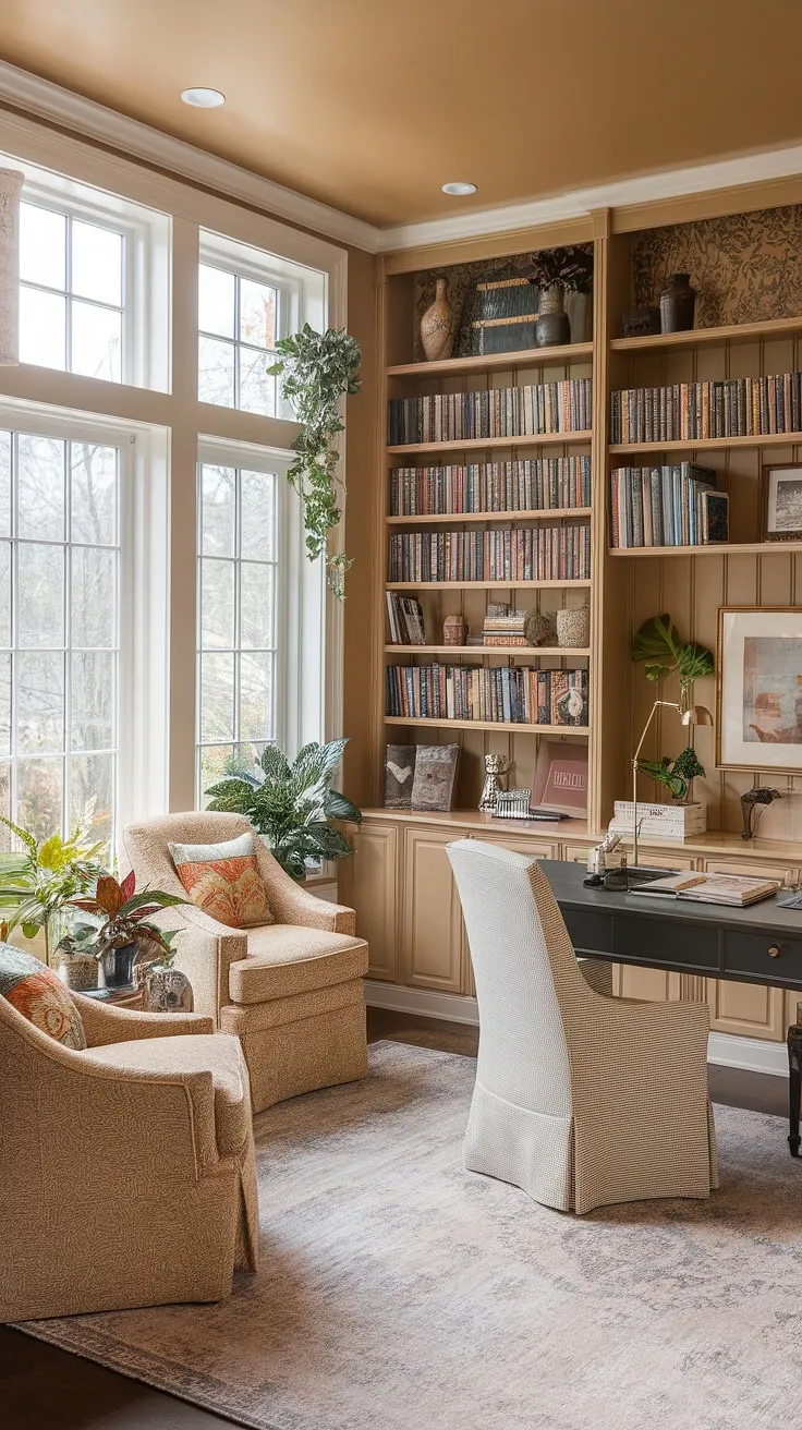 Sunlight streams into this cozy home office, a delightful blend of library sunroom and sunroom design.  The natural light workspace is perfect for focused work, while the sunroom decor and abundant books create a calming atmosphere.  This small space office showcases clever home library ideas, transforming an apartment sunroom into a productive and inspiring sun porch studio.