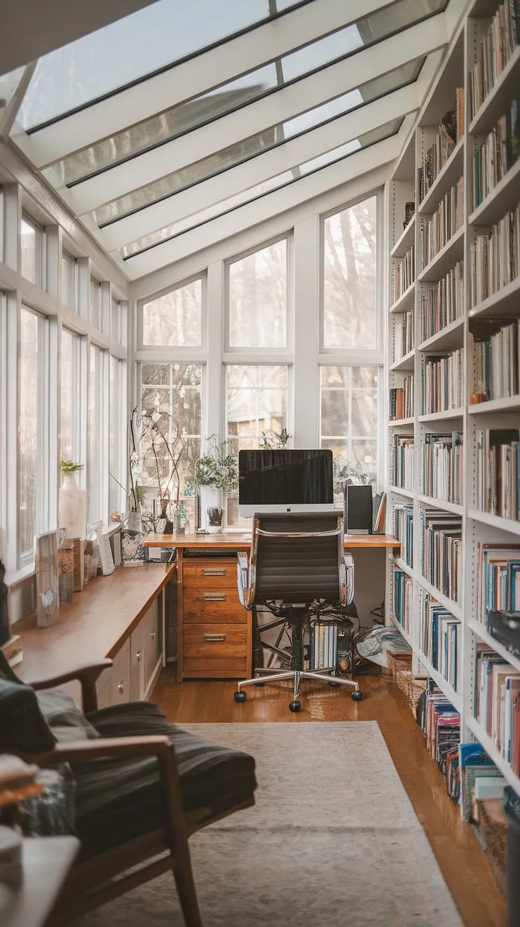 Bathed in natural light, this sunroom office transforms a small space into a haven of productivity.  The sunroom design, complete with built-in bookshelves, creates a cozy home office and personal library sunroom, perfect for quiet contemplation and focused work.  This apartment sunroom showcases clever sunroom decor and offers inspiring home library ideas for maximizing a natural light workspace.