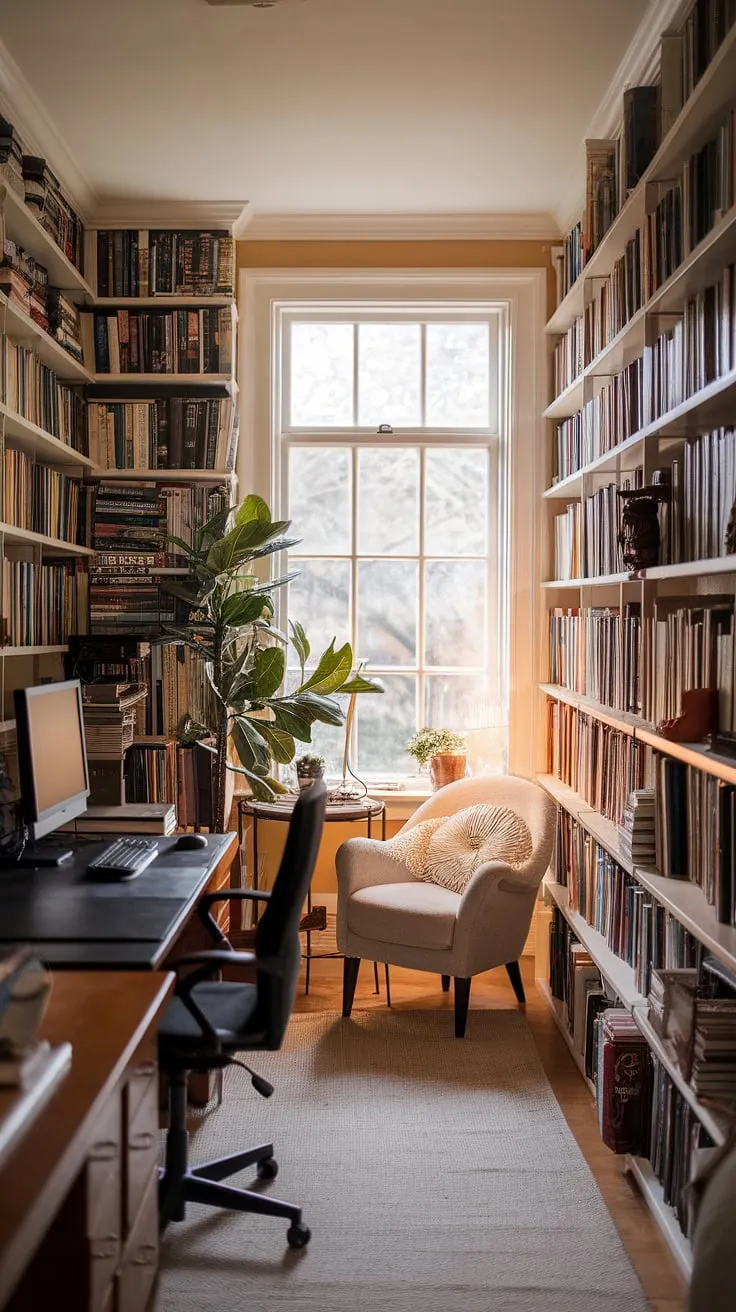 Transforming a small space into a haven of productivity and peace. This apartment sunroom, with its sunroom design maximizing natural light, now serves as a cozy home office and home library ideas come to life. The sunroom office boasts a sun porch studio vibe, perfect for focused work or quiet reading.  The sunroom decor, including the built-in library, creates a warm and inviting atmosphere for this natural light workspace.
