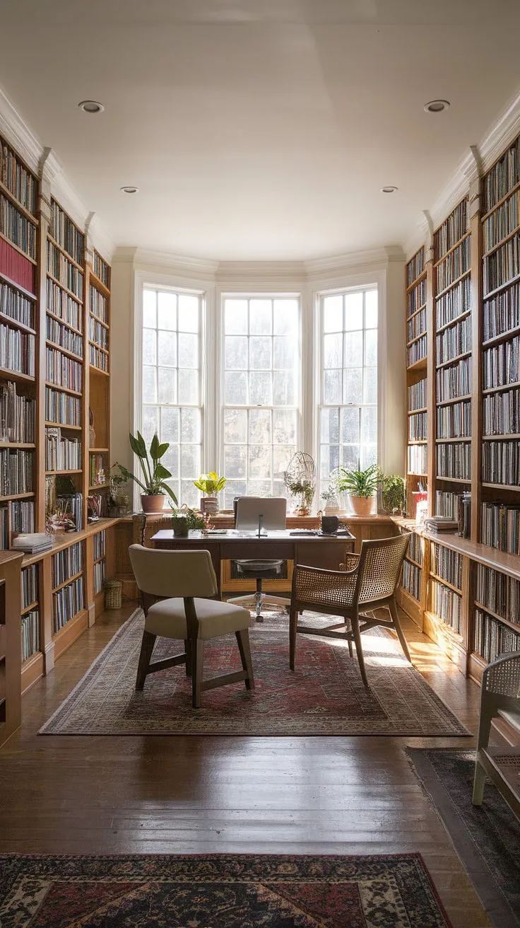 Escape to your own personal sanctuary: a sunroom office bathed in natural light. This sunroom design cleverly incorporates a home library, maximizing space and creating a cozy home office within a charming apartment sunroom.  The sunroom decor, including the thoughtful placement of plants, completes this inspiring sun porch studio and offers brilliant small space office solutions.