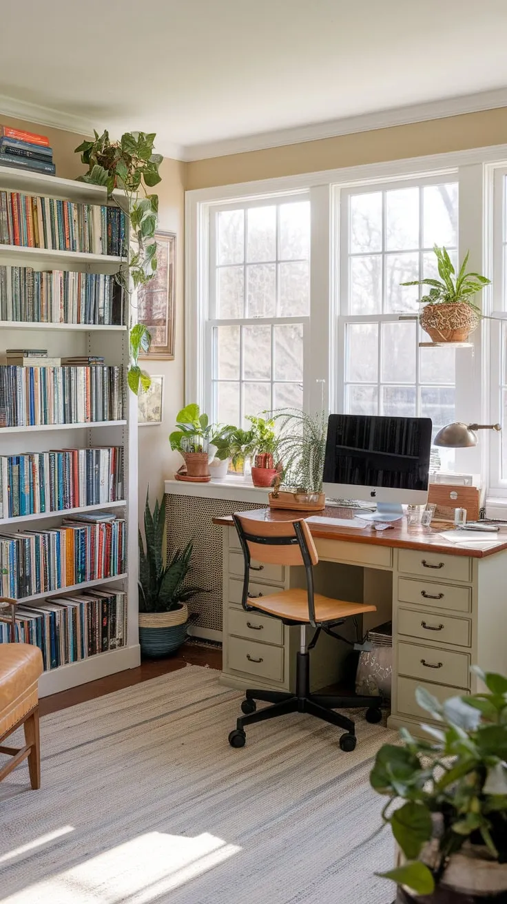 Sun-drenched pages and quiet keystrokes: my library sunroom office.