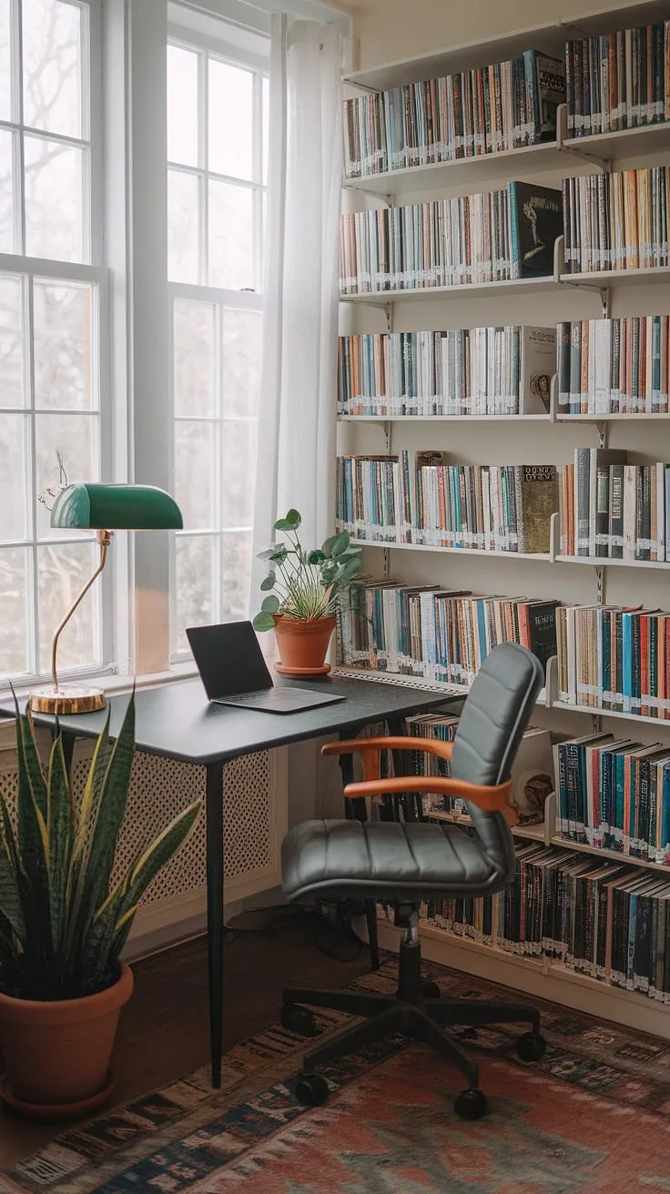 Escape to this cozy home office nestled within a sun-drenched library sunroom.  The natural light workspace, enhanced by thoughtful sunroom decor, makes even a small space office feel expansive.  This apartment sunroom's sunroom design showcases clever home library ideas, transforming a sun porch studio into a productive and peaceful retreat.