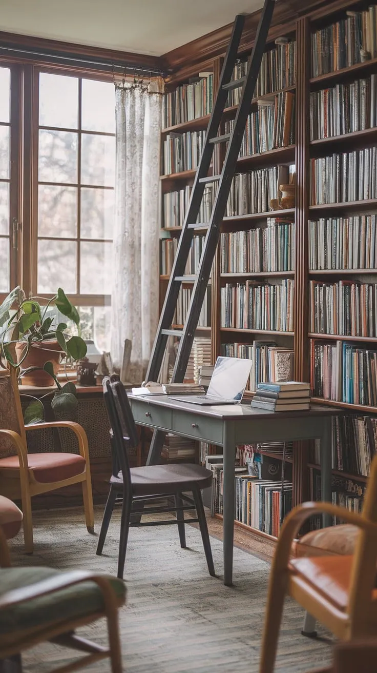 Escape to your own private sanctuary: this sunroom office, nestled within a home library, offers the perfect blend of natural light workspace and cozy home office charm.  The sunroom design maximizes space, showcasing clever home library ideas in this small space office.  A sun porch studio for the soul.
