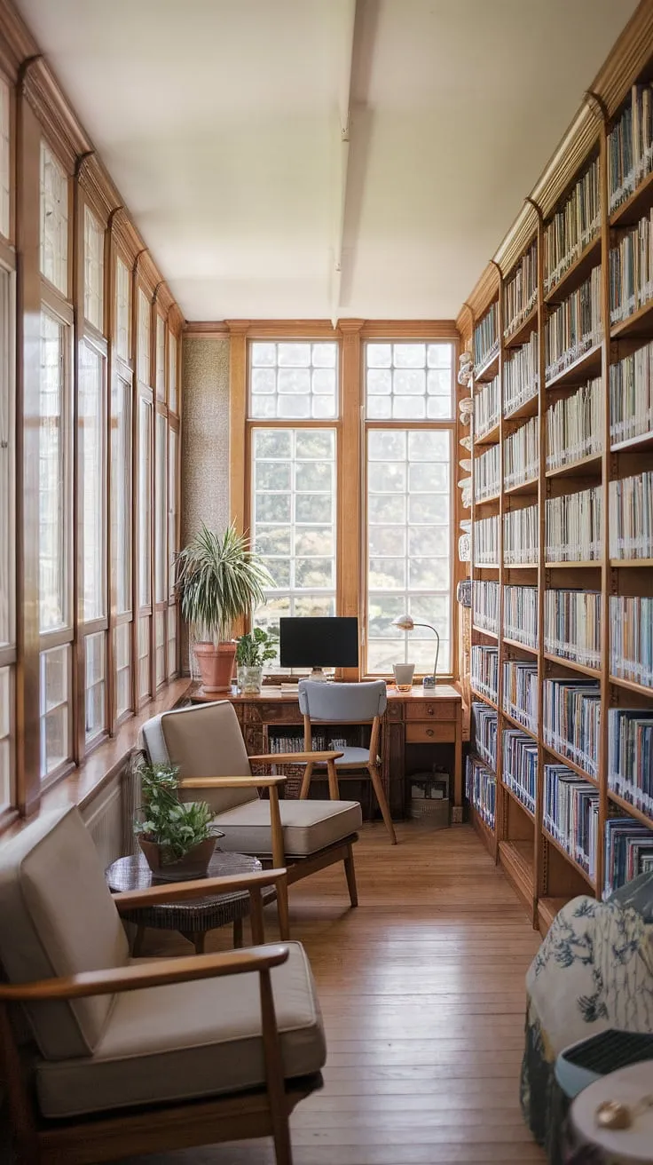 Escape to this sunroom office, a sun-drenched sanctuary where the warmth of natural light illuminates a productive day.  The sunroom design cleverly combines a home library with a cozy workspace, creating a small space office that feels surprisingly spacious.  This apartment sunroom's sunroom decor, featuring a blend of books and greenery, makes it the ultimate sun porch studio, showcasing inspiring home library ideas.