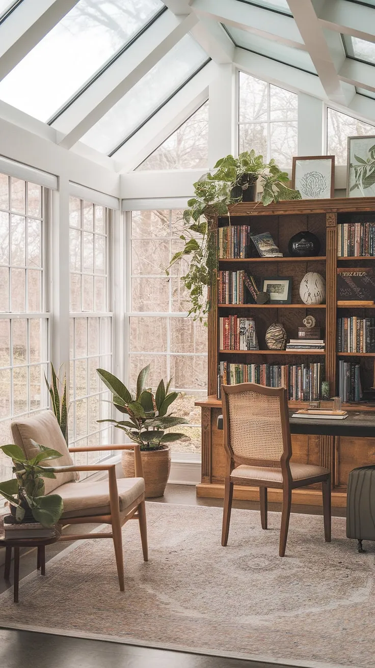 This sunroom office is the epitome of sunroom design, a cozy home office nestled within a bright and airy library sunroom. Floor-to-ceiling windows flood the space with natural light, creating the ideal environment for focused work.  The thoughtful sunroom decor and well-placed plants transform this small space office into a tranquil retreat, offering inspiration for your own home library ideas and apartment sunroom makeover.