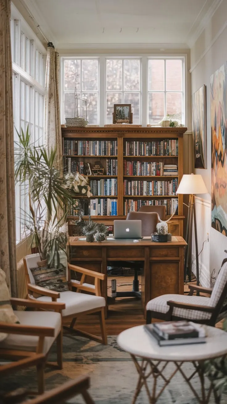 Sun-drenched pages and quiet productivity: my library sunroom office.