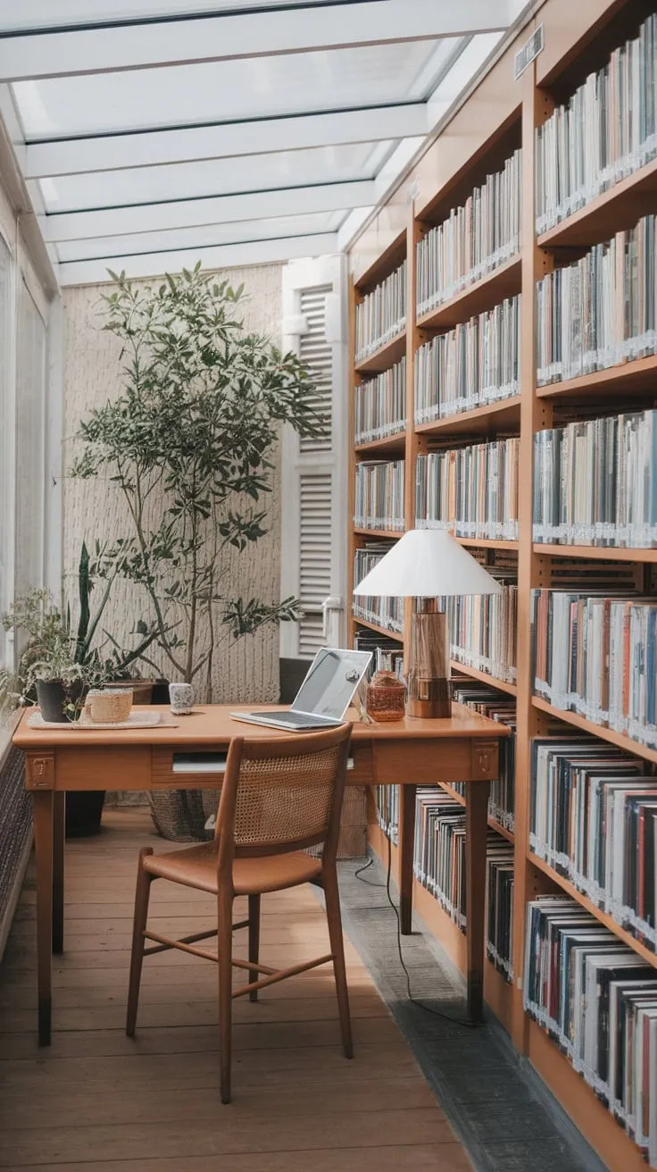 Sunlight streams into this library sunroom, a haven for quiet contemplation and inspired work.