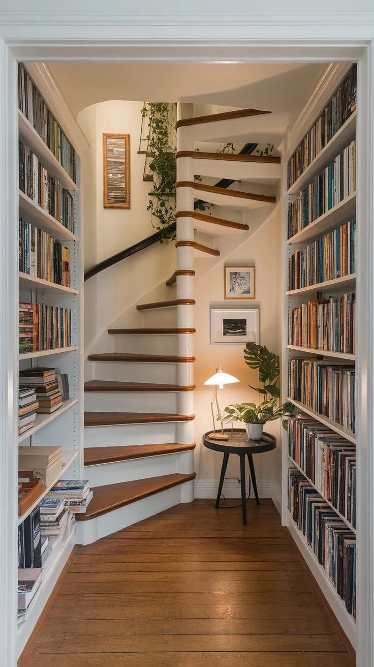 Transforming unused space into a haven of literary delight! This home library nook, tucked cleverly under a books staircase, is a testament to creative home library design.  The bookshelves under staircase offer ample storage, while the warm lighting and inviting atmosphere make this under stairs book nook the perfect spot to curl up with a good book.  Explore the possibilities of spiral staircase storage and open space under stairs ideas with this inspiring library nook.