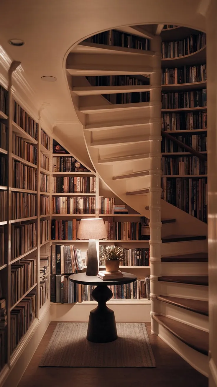 Lost in the pages, found in this cozy home library nook.  Bookshelves under staircase create a magical reading haven, a perfect example of spiral staircase storage and open space under stairs ideas. This home library design is the epitome of home libraries.