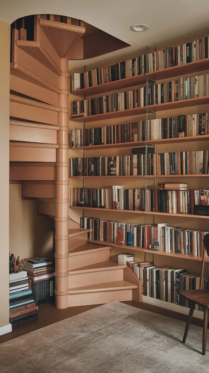 This home library nook, tucked beneath a winding spiral staircase, is a dream come true.  The open space under stairs ideas are brilliantly executed, transforming unused space into a haven of home libraries.  Bookshelves under staircase create a captivating books staircase, a perfect spot for quiet contemplation in this cozy home library.