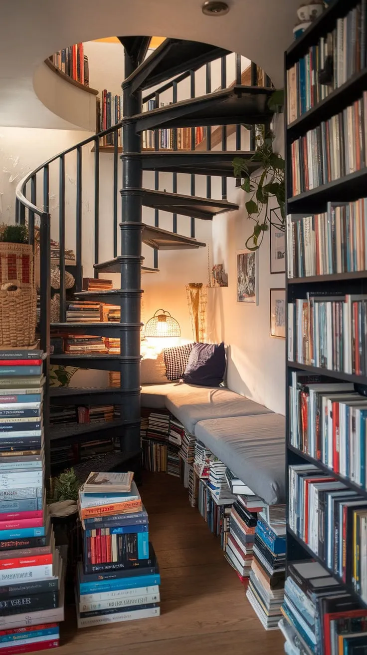 Lost in the pages of a thousand stories, nestled in this cozy home library nook.  The bookshelves under staircase maximize space, transforming the area under the spiral staircase storage into a haven for book lovers. This home library design proves that even the smallest spaces can become extraordinary home libraries.  Open space under stairs ideas don't get much better than this.