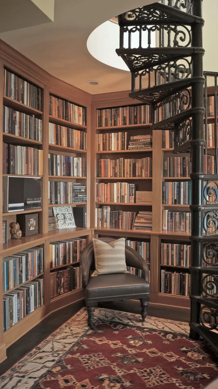 My library under the stairs: where stories spiral.