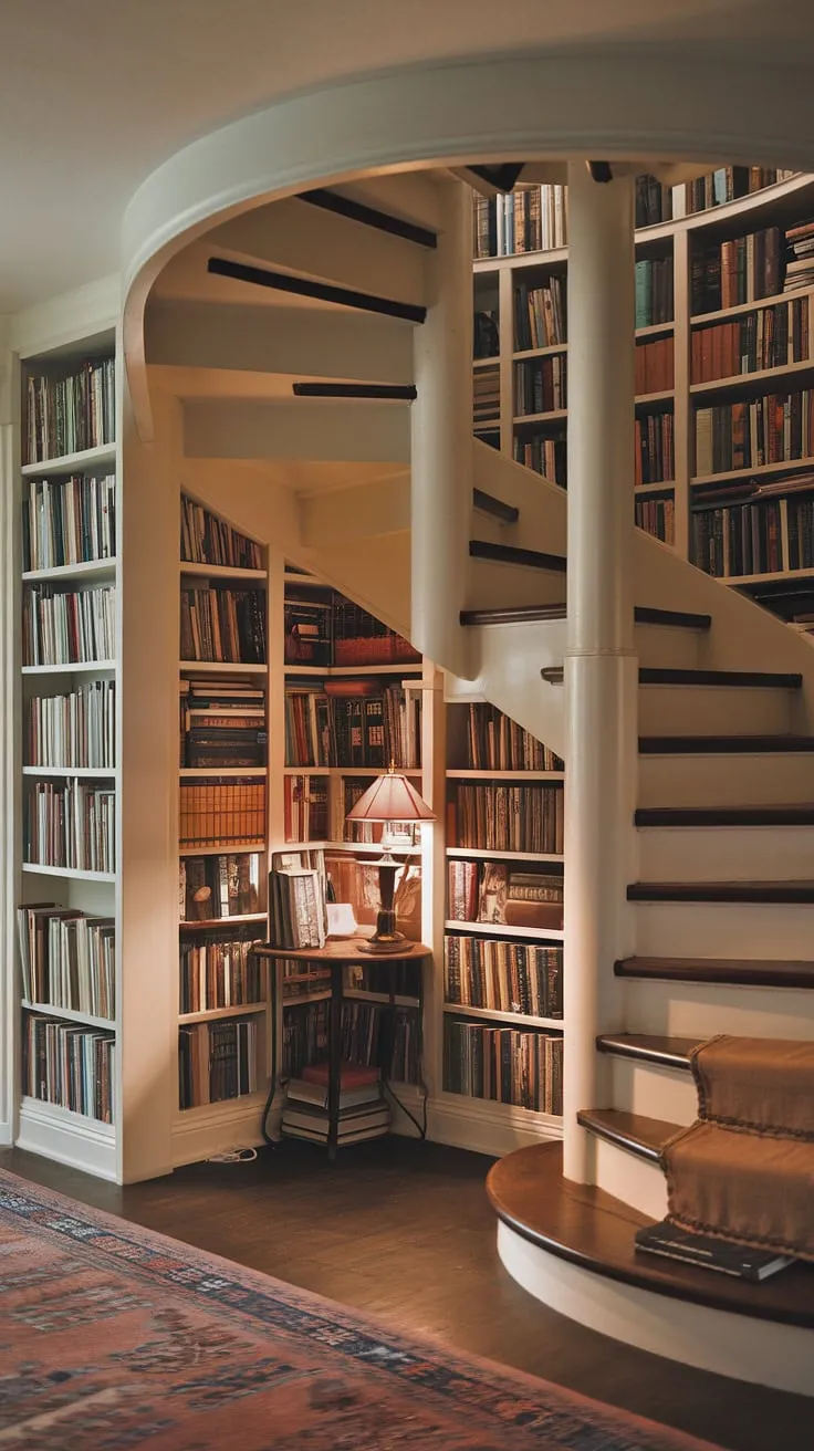 Imagine curling up with a good book in this enchanting under stairs book nook.  The home library design cleverly utilizes the bookshelves under staircase, creating a charming and functional home library. This cozy home library, with its warm ambiance and creative use of books staircase storage, is a dream come true for any bibliophile.