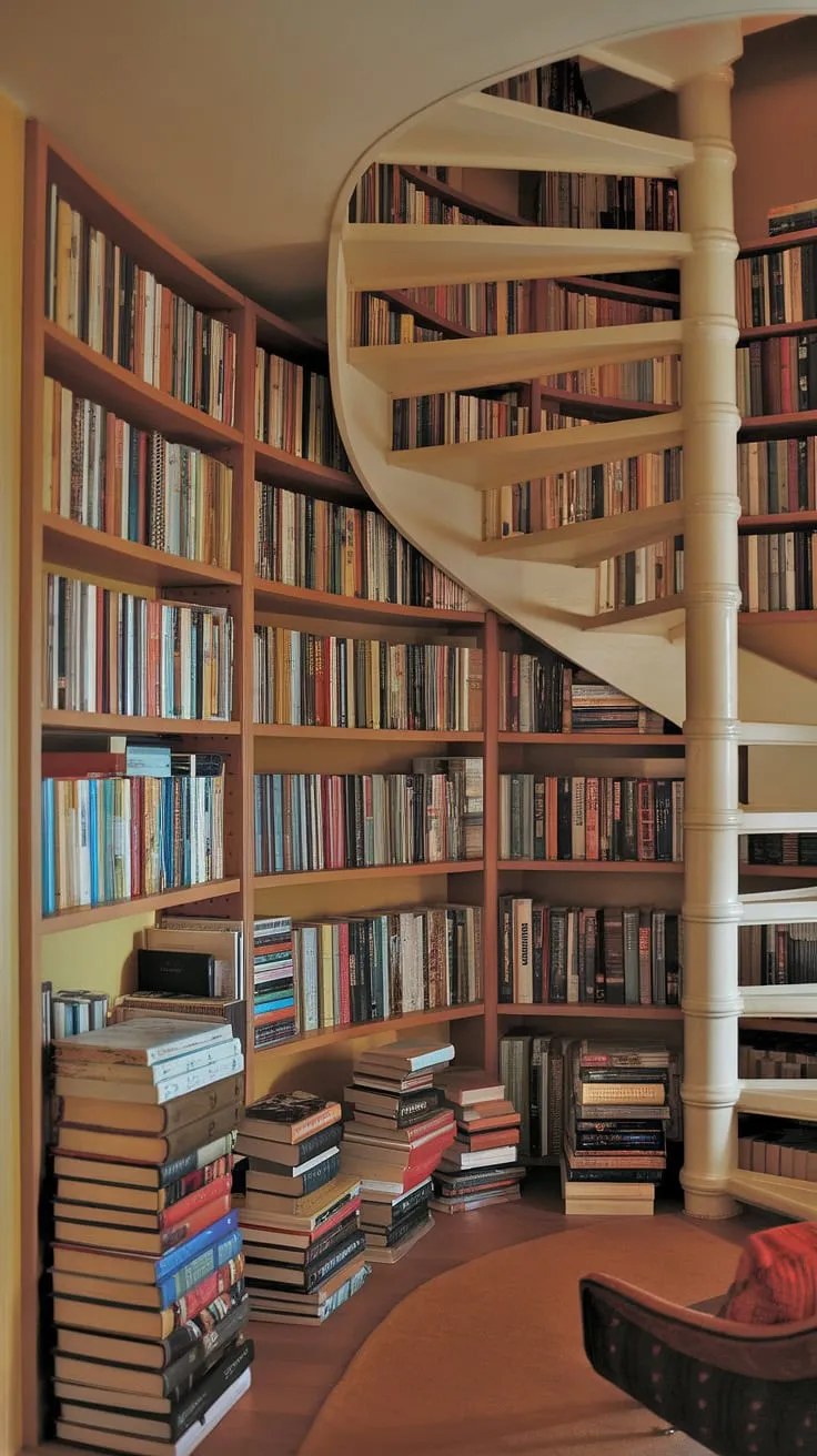 Lost in the pages, nestled in this cozy home library nook, cleverly designed under the spiral staircase.  The bookshelves under staircase maximize space, transforming unused area into a haven for book lovers. This home library design is the perfect example of open space under stairs ideas and spiral staircase storage.
