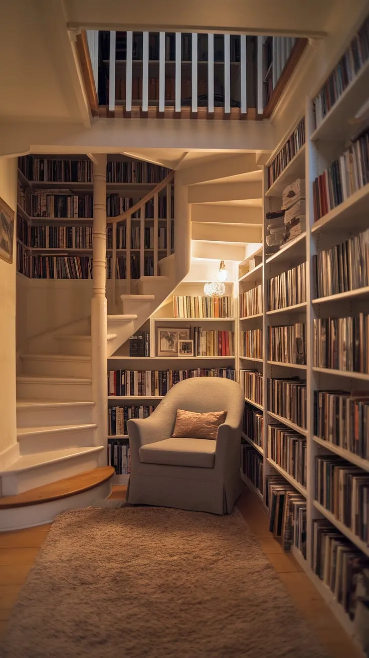 Lost in a world of stories. This cozy home library nook, tucked perfectly under the spiral staircase, is the ultimate escape.  The bookshelves under staircase maximize space, transforming unused area into a haven for book lovers.  A testament to clever home library design and brilliant open space under stairs ideas, this home library nook is a dream come true.  The spiral staircase storage is both functional and aesthetically pleasing, creating a unique and inviting home libraries space.