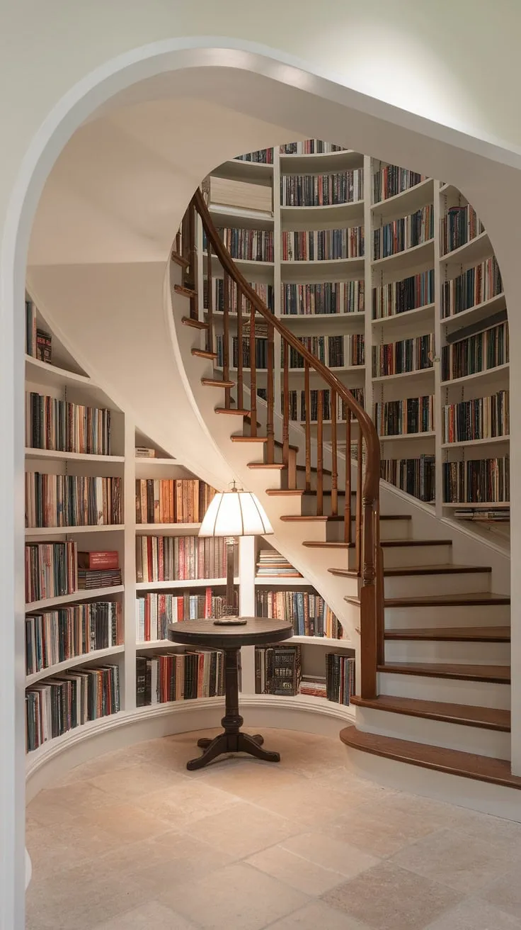Imagine curling up with a good book in this enchanting library nook.  The bookshelves under staircase create a magical under stairs book nook, a stunning example of home library design. This cozy home library, with its clever spiral staircase storage, transforms unused space into a haven for book lovers.  A dream realized:  home libraries at their finest, showcasing inspiring open space under stairs ideas and books staircase solutions.
