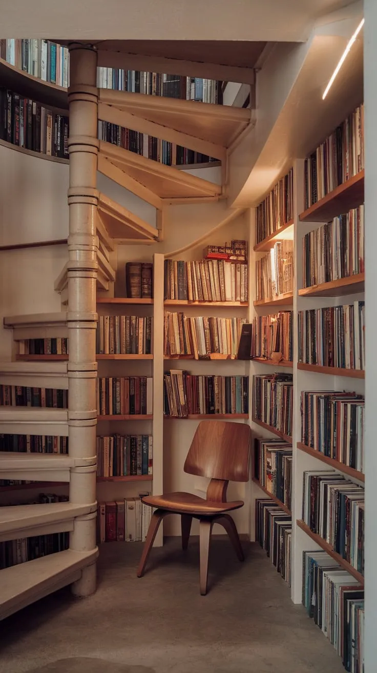 My cozy castle, built book by book, under the winding stairs.