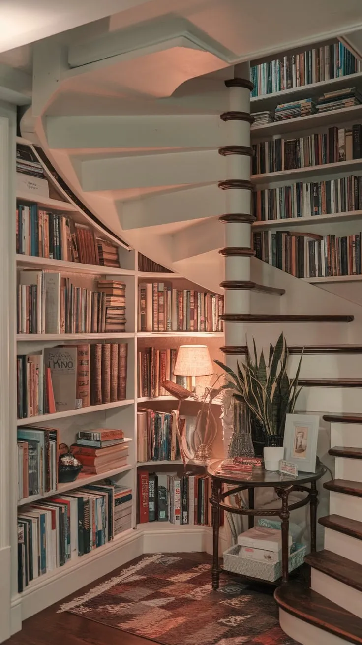 Hidden haven: a spiral staircase leads to literary adventures.