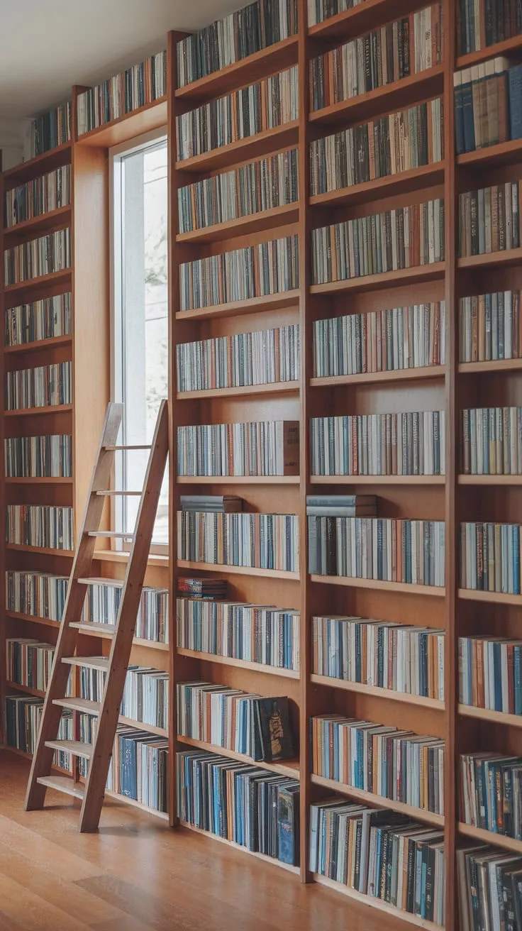 My library wall: where stories climb the ladder to reach the light.