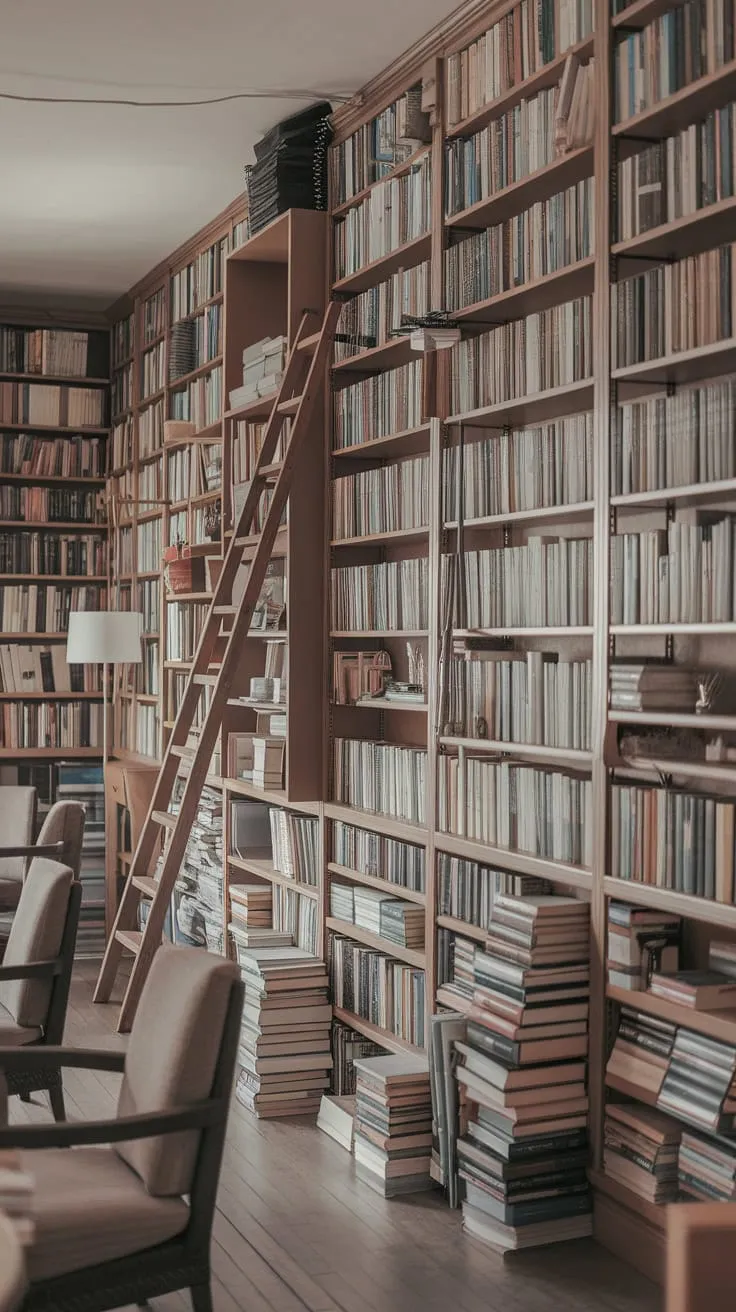 My library wall: where stories spill onto the floor.