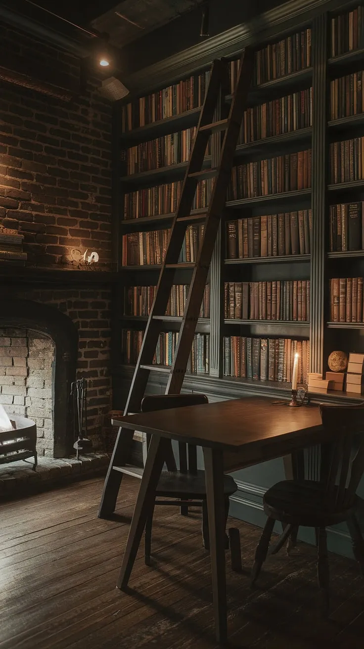 The crackle of the fireplace in library fills this small cozy library, a haven of old library aesthetic.  A wooden chair sits invitingly near the bookshelf by fireplace, promising hours of blissful reading in this dark cozy library, a true library room with fireplace.