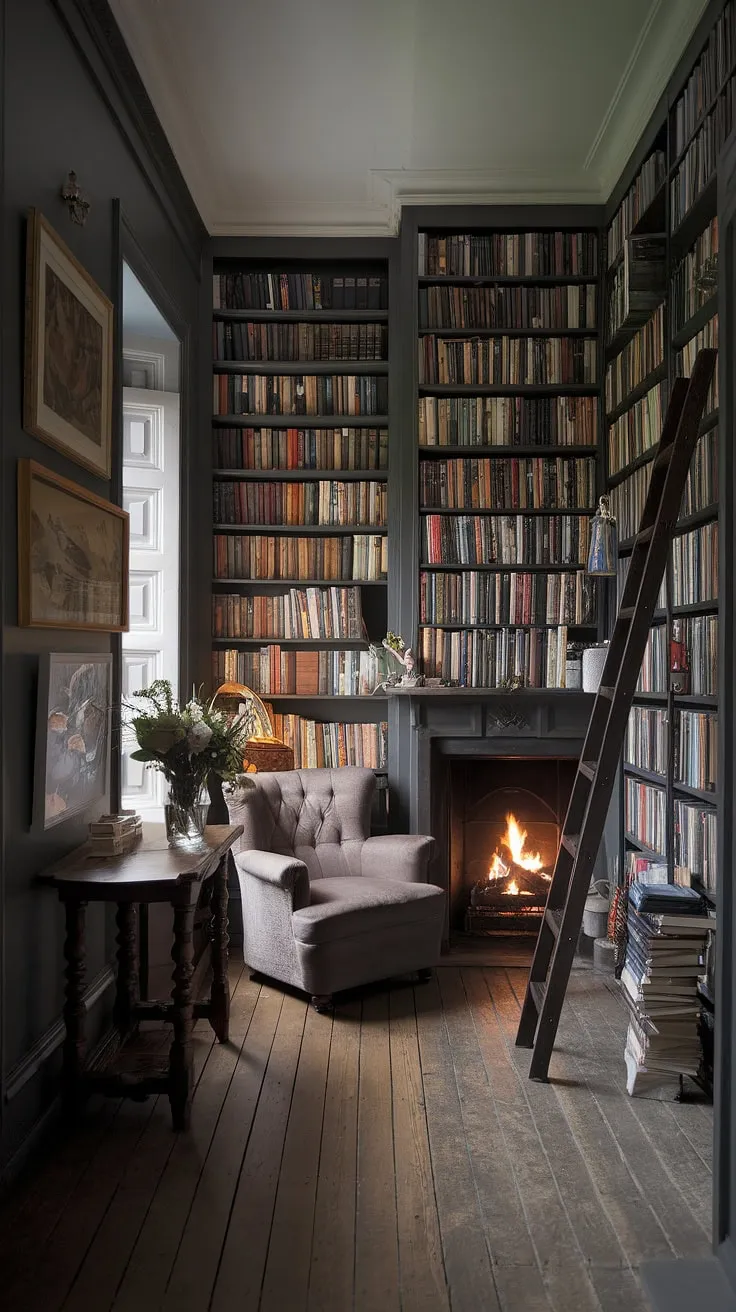 Escape the everyday in this dark cozy library, where the crackle of the fireplace in library complements the quiet rustle of turning pages.  A bookshelf by fireplace offers easy access to literary adventures, while the plush armchair invites you to linger. This small cozy library, with its old library aesthetic, is the epitome of a cozy home library.