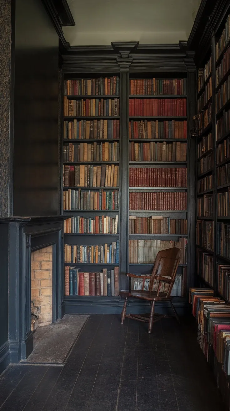 Lost in the pages of a thousand stories, nestled in this dark cozy library. The fireplace crackles softly, casting a warm glow on the bookshelf by fireplace, creating the perfect ambiance of a cozy home library.  This small cozy library, with its old library aesthetic, is my sanctuary.
