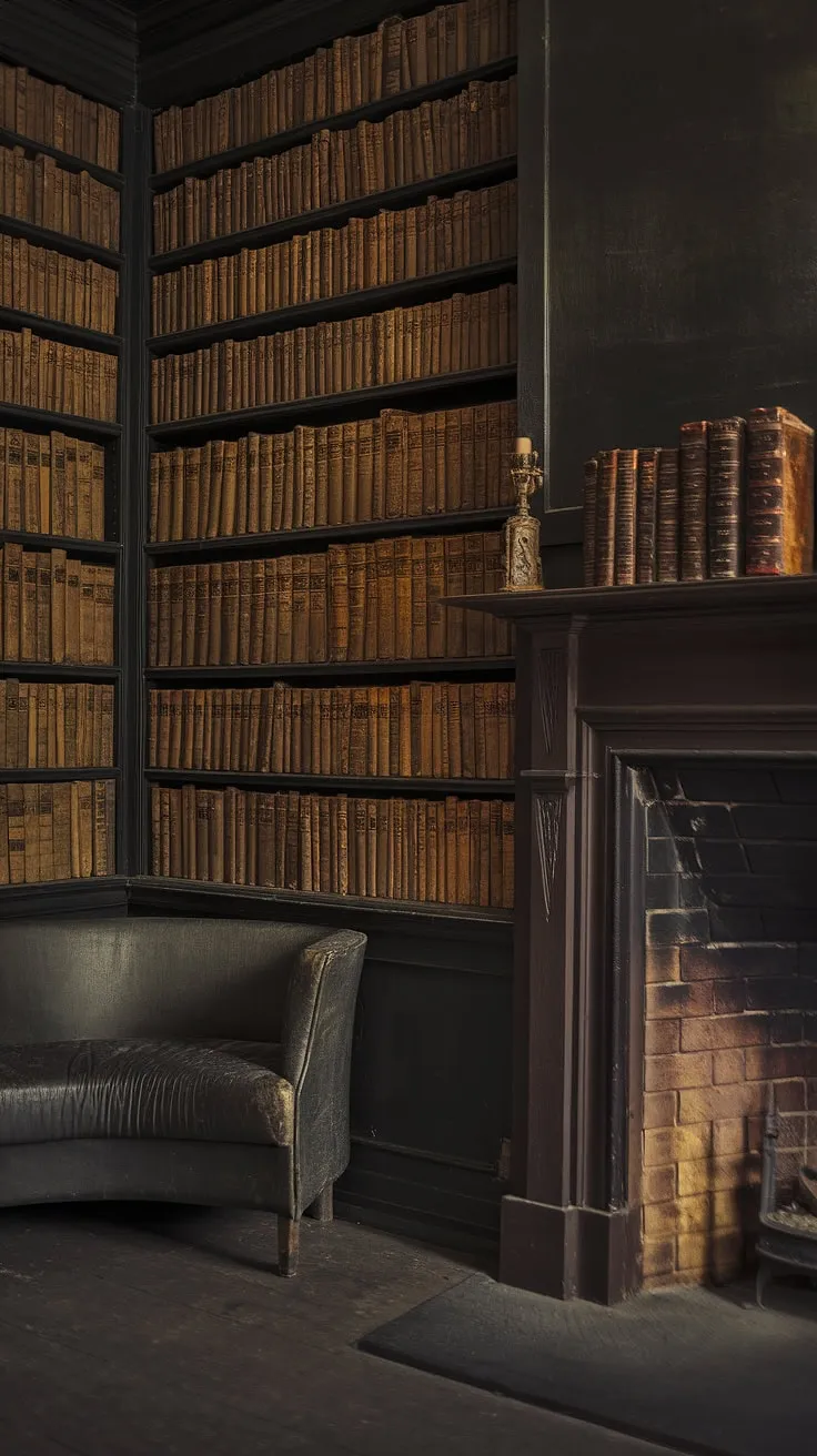 The fireplace in library crackles, illuminating the dusty spines of countless stories in this small cozy library.  A worn couch invites quiet reflection in this dark cozy library, its old library aesthetic a testament to countless hours spent within its walls.  This cozy home library, with its bookshelf by fireplace, is a haven of peace and literary adventure.