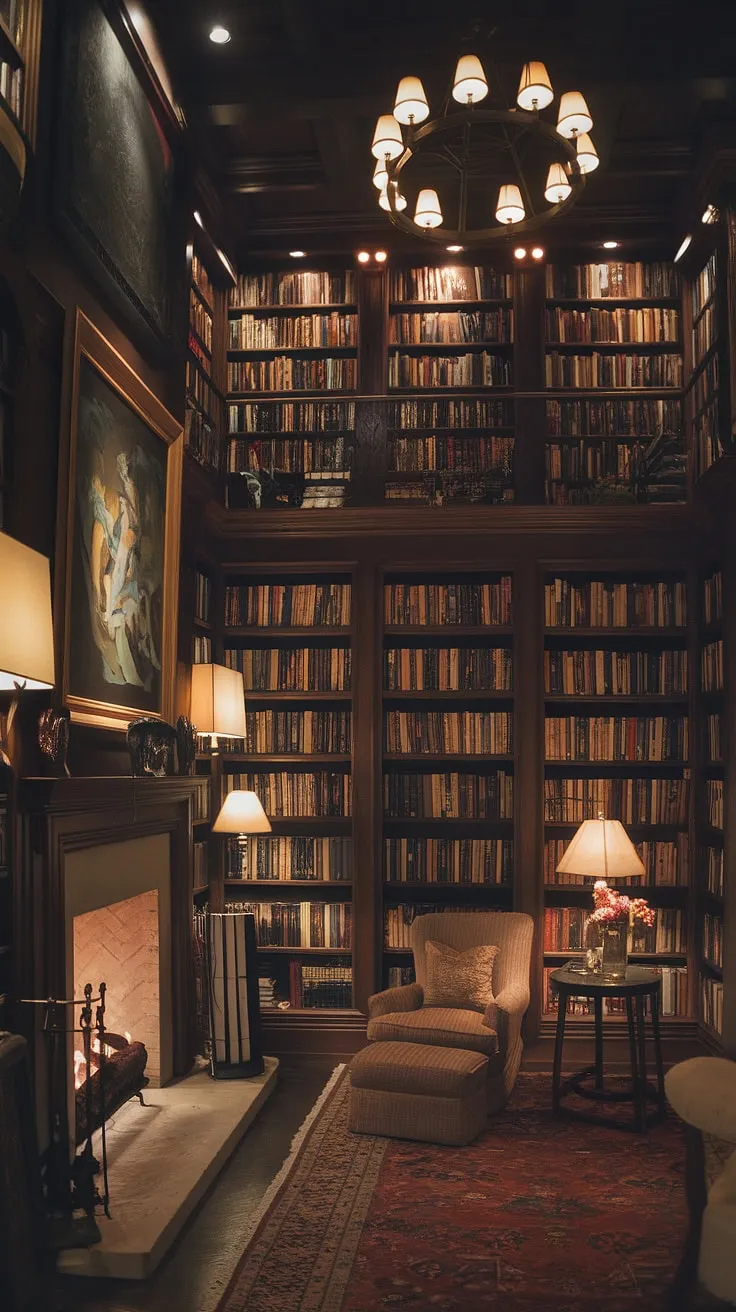 Lost in the pages of a thousand stories, nestled in this dark cozy library. The fireplace crackles, casting a warm glow on the bookshelf by fireplace, creating the perfect ambiance of a cozy home library. This small cozy library, with its old library aesthetic, is my sanctuary.