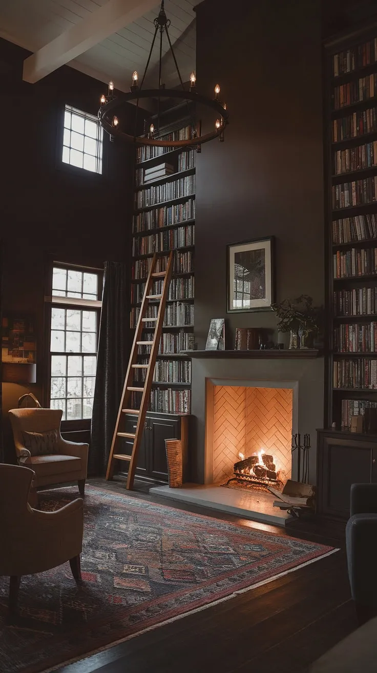 Lost in the pages of a thousand stories, warmed by the glow of the fireplace in this small cozy library.  The old library aesthetic, with its dark cozy library charm and bookshelf by fireplace, creates the perfect cozy home library escape.