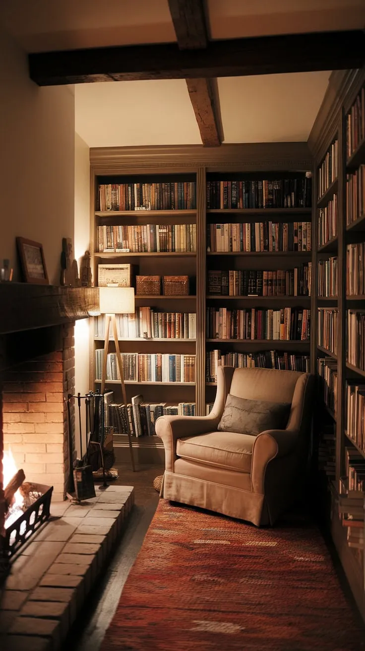Escape the everyday in this dark cozy library, where the crackle of the fireplace in library complements the quiet rustle of pages.  A bookshelf by fireplace overflows with stories, inviting you to sink into the comfortable armchair and lose yourself in the old library aesthetic of this cozy home library.