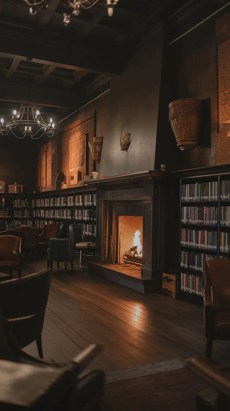 Imagine curling up in this library room with fireplace, the warm glow illuminating the ancient artifacts adorning the walls of this small cozy library.  The bookshelf by fireplace holds untold stories, adding to the enchanting old library aesthetic of this cozy home library, a dark cozy library where tranquility reigns.