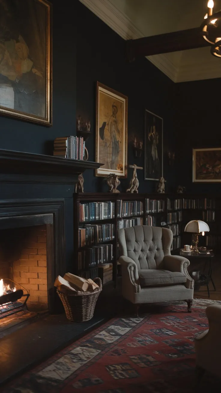 Flickering flames and whispered tales: a library where comfort meets classic.