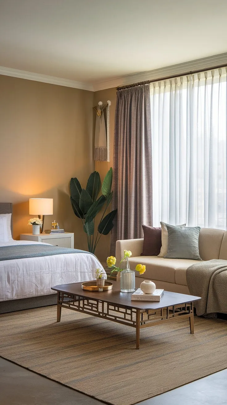 This versatile living room bedroom combo effortlessly blends comfort and functionality. The space cleverly incorporates a cozy sleeping area with a bed and nightstand, seamlessly integrated into the living area's sofa, coffee table, and plant. Perfect as a guest bedroom office combo, this multipurpose home office offers a tranquil retreat for work and relaxation, equally suited as an office and guest room or even a bedroom office combo.