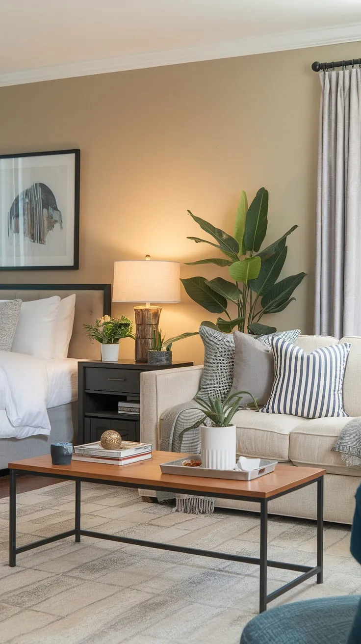 This versatile living room bedroom combo effortlessly blends comfort and functionality. The space cleverly incorporates a cozy sofa and coffee table for relaxation, alongside a comfortable bed and nightstand for restful sleep, making it ideal as a guest bedroom office combo or even a multipurpose home office. The neutral beige walls create a calming atmosphere, perfect for work or rest.
