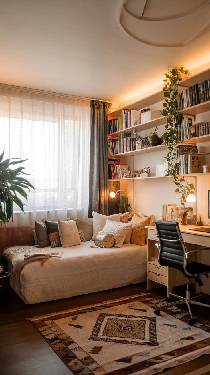 Transform your space with a stylish bedroom office combo. This guest bedroom office seamlessly combines work and rest, ideal as a multipurpose home office or an office and guest room solution.