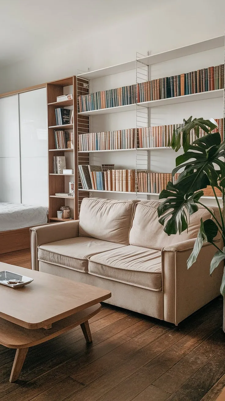 A clever use of space transforms this room into a practical guest bedroom office. The design effortlessly combines the comfort of a bedroom with the functionality of a home office, making it a perfect office bedroom combo or even a guest bedroom office combo. The neutral palette and natural wood elements create a calm and productive environment, ideal for a multipurpose home office or an office and guest room.